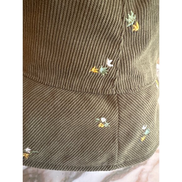 Olive Green Corduroy Bucket Hat With Embroidered Floral Details Boho Casual - Picture 2 of 4
